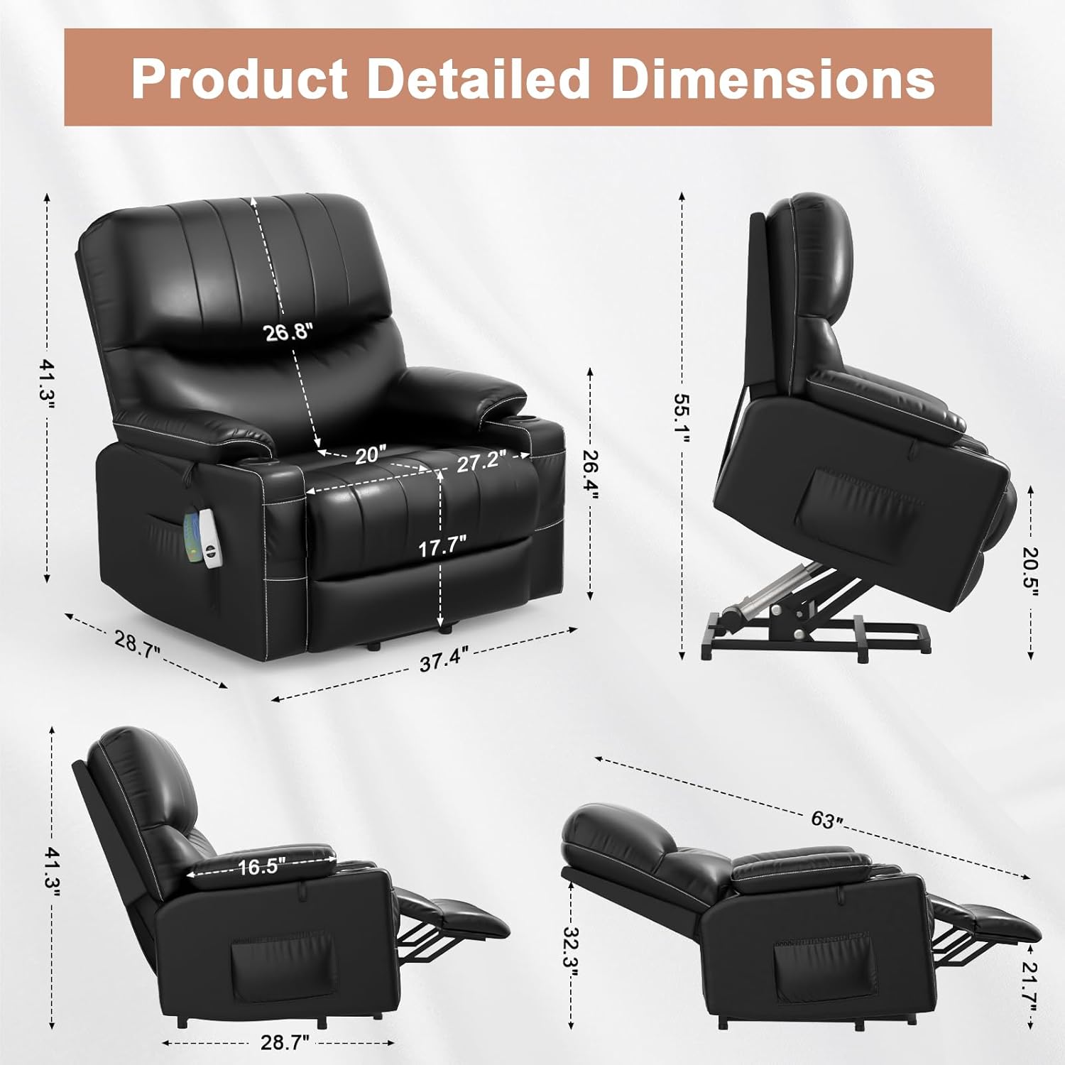 Oversized Power Lift Recliner Chair with Heat and Massage B344363