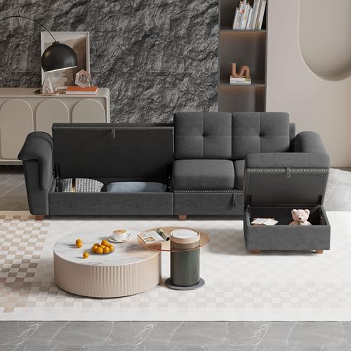 Beige Microfiber L Shaped Sectional Sofa with Storage Chaise H25164