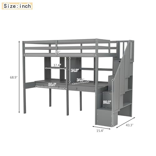 White Twin Size Wood Loft Bed with Storage Stairs and Double Desks D17316
