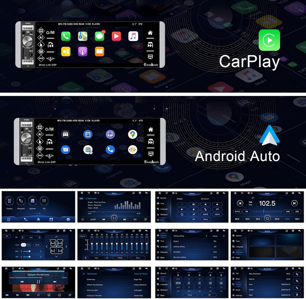 Single Din 5.1 Inch Touchscreen Car Stereo with Carplay Android Auto Bluetooth DVR FM RDS AM Tuner USB SD Aux SWC Microphone Backup Camera Q82685