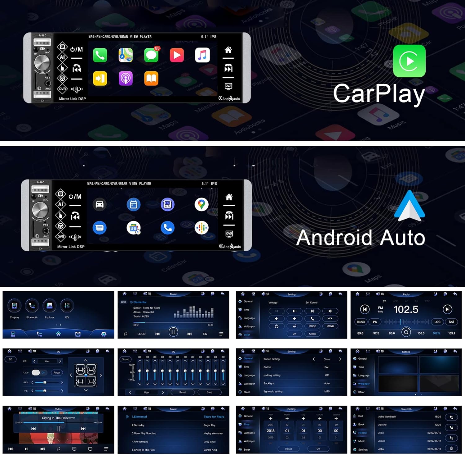 Single Din 5.1 Inch Touchscreen Car Stereo with Carplay Android Auto Bluetooth DVR FM RDS AM Tuner USB SD Aux SWC Microphone Backup Camera Q82685