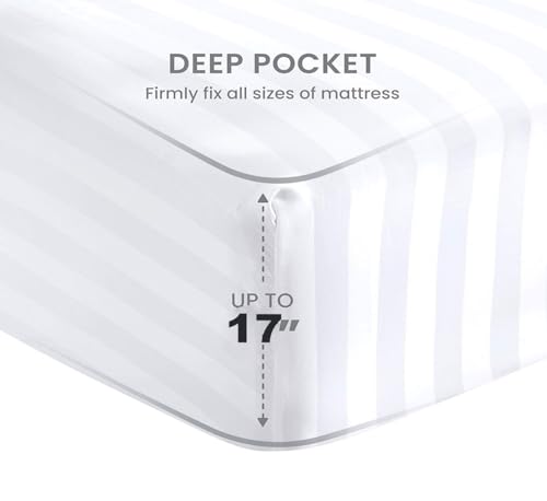 100% Egyptian Cotton King Size 4 Piece Bed Sheet Set White Stripe E535383