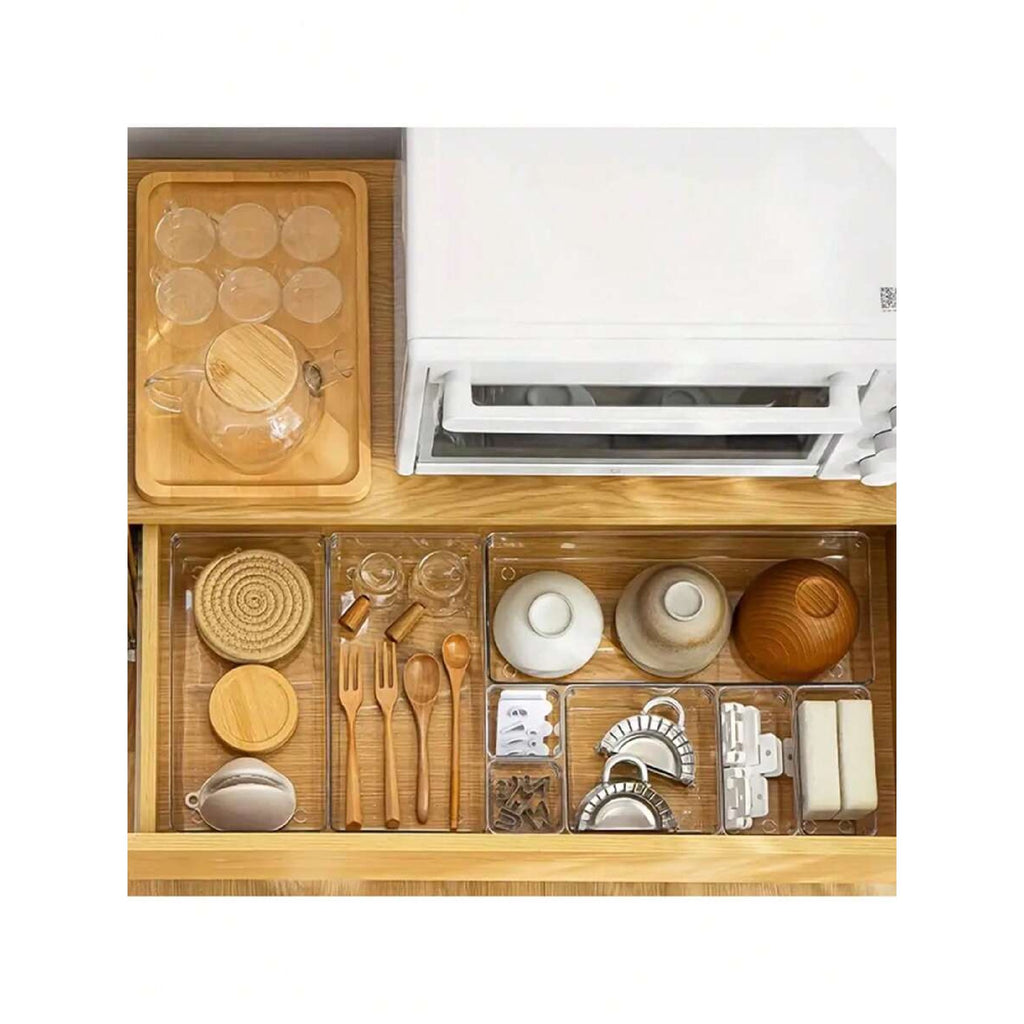 Clear Plastic Drawer Organizers Set, 4-Size Trays Y84555