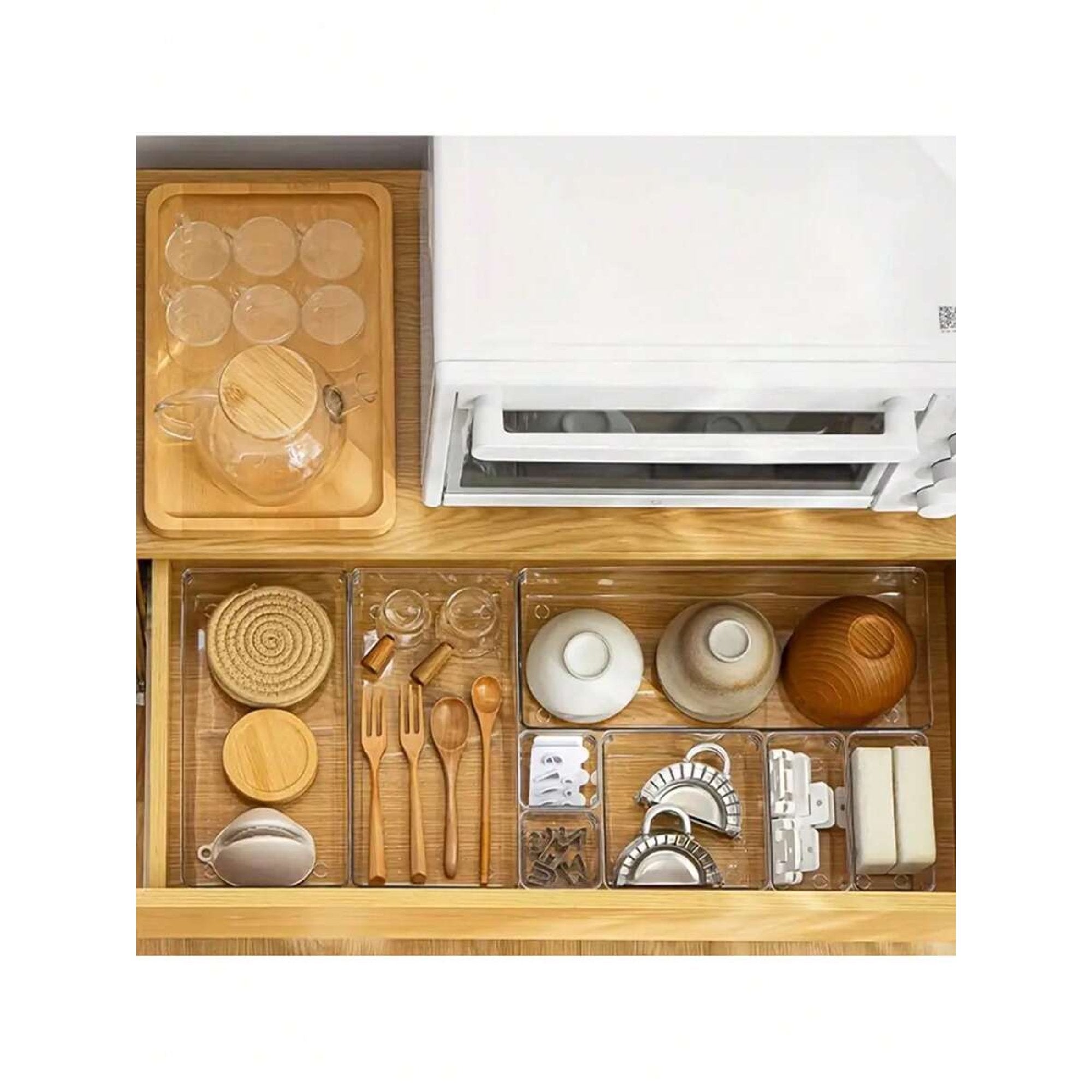 Clear Plastic Drawer Organizers Set, 4-Size Trays Y84555