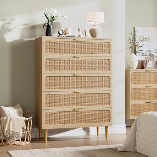Black Rattan 5 Drawer Tall Dresser J61765