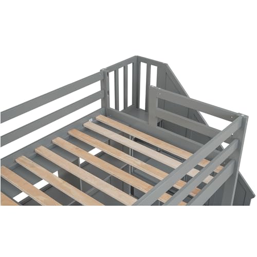 White Twin Size Wood Loft Bed with Storage Stairs and Double Desks D17316