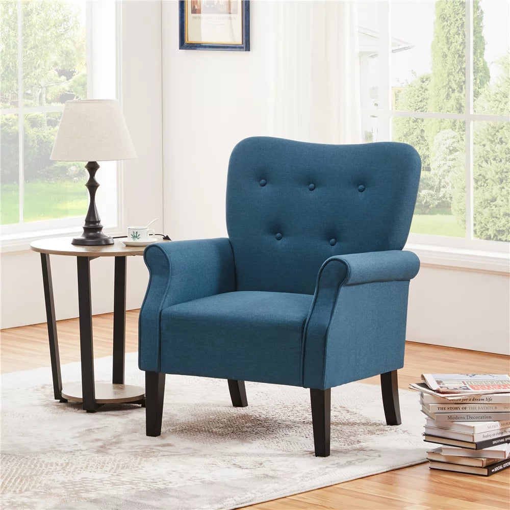 Navy Blue Upholstered Accent Chair with Wooden Leg E2860