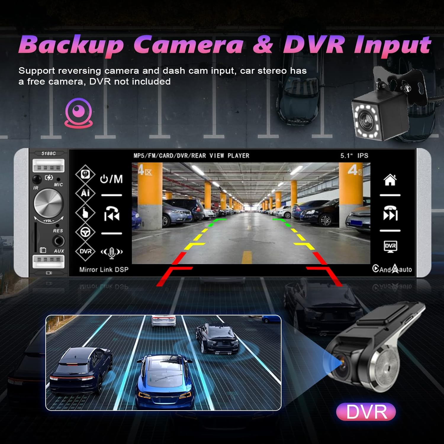 Single Din 5.1 Inch Touchscreen Car Stereo with Carplay Android Auto Bluetooth DVR FM RDS AM Tuner USB SD Aux SWC Microphone Backup Camera Q82685