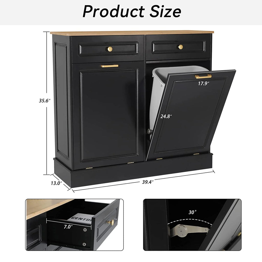 Black Double Tilt Out Trash Cabinets with Drawers Wooden Recycling Cabinet H4627