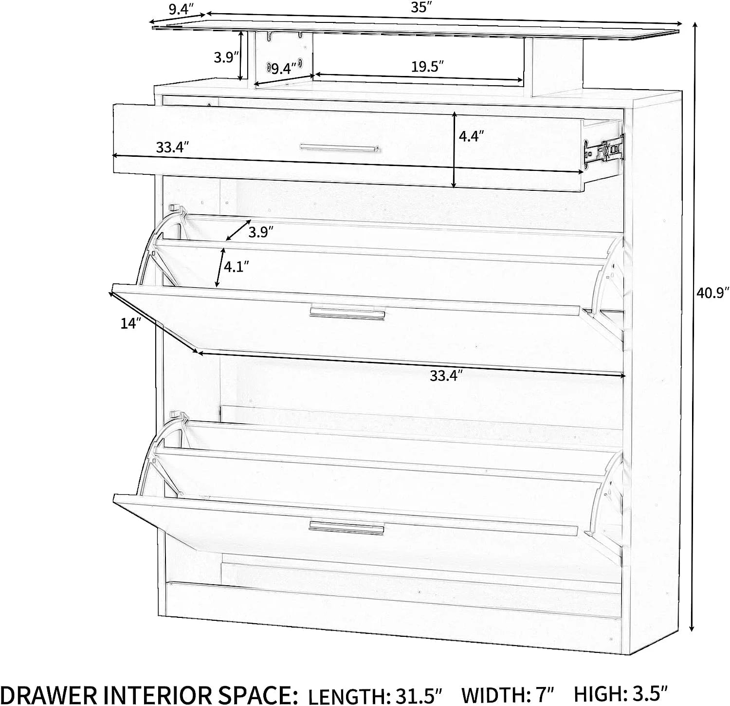 Black Slim Shoe Cabinet with 2 Flip Drawers and Tempered Glass Top G577
