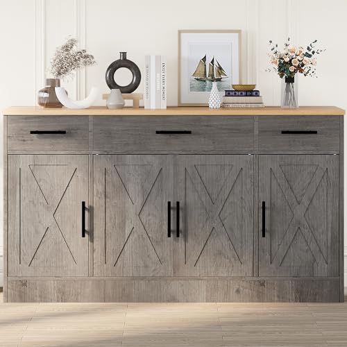 Ash Grey Wood Buffet Cabinet with 3 Drawers and 4 Doors Y504401