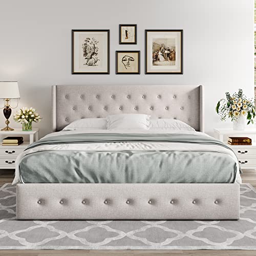 Full Size Lift Up Storage Bed with Wingback Headboard, Light Beige W9658