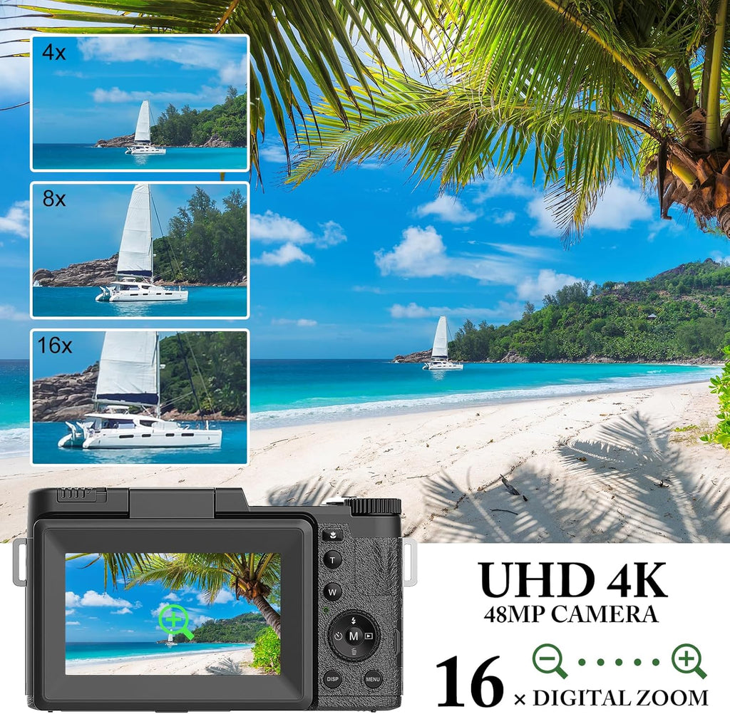 48MP 4K Digital Camera with 16X Digital Zoom Macro Camera, 3’’180°Flip Screen Compact Video Camera with Liftable Flash, SD Card&2 Batteries O308637
