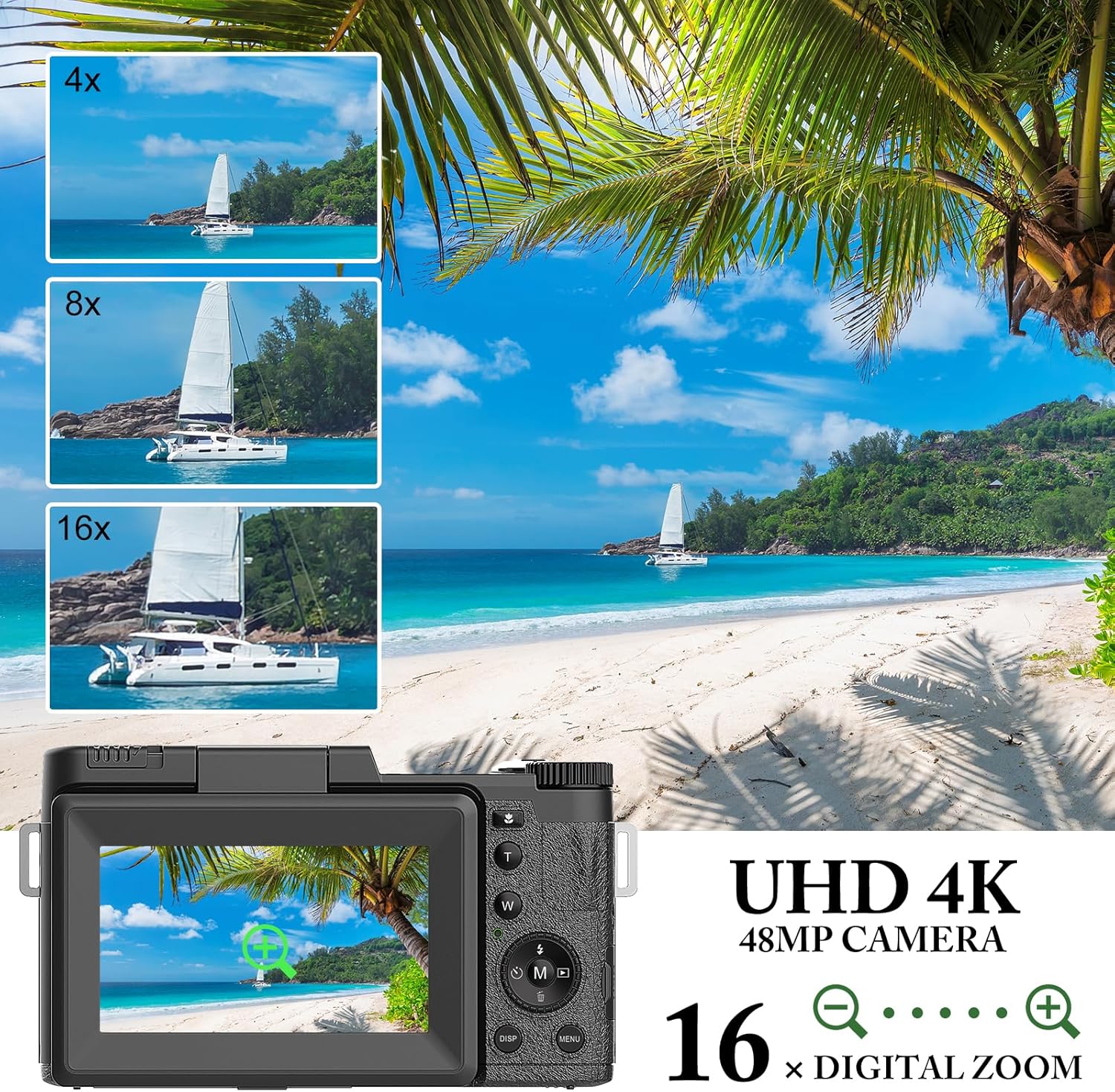 48MP 4K Digital Camera with 16X Digital Zoom Macro Camera, 3’’180°Flip Screen Compact Video Camera with Liftable Flash, SD Card&2 Batteries O308637