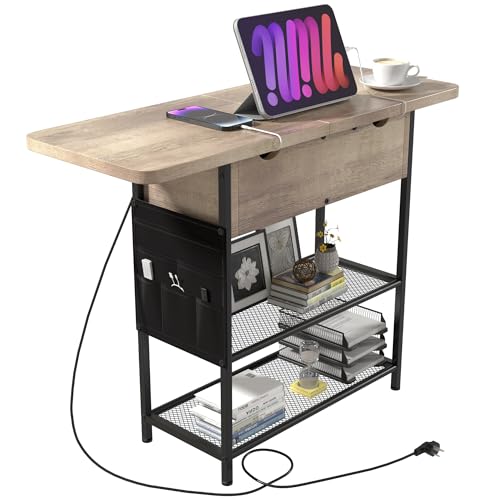 Rustic Brown Narrow Side Table with USB C Ports and Outlets and Drawers V4288