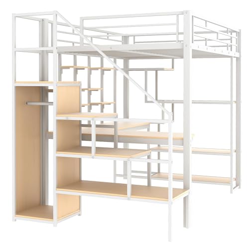 Black Full Size Metal Loft Bed with Storage Staircase and Wardrobe B788211