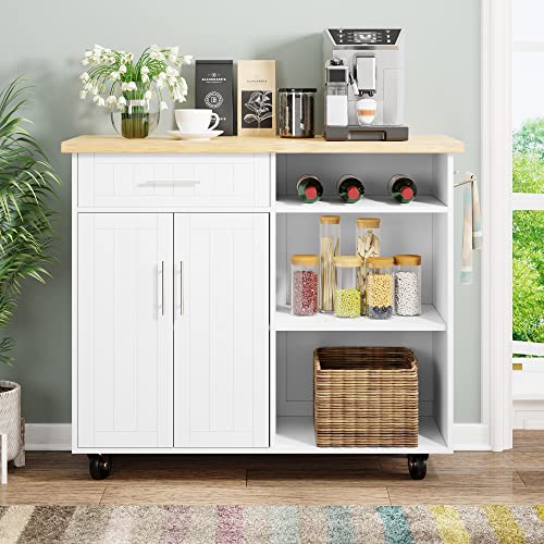 White Kitchen Island with Drop Leaf and Storage on Wheels Y749274