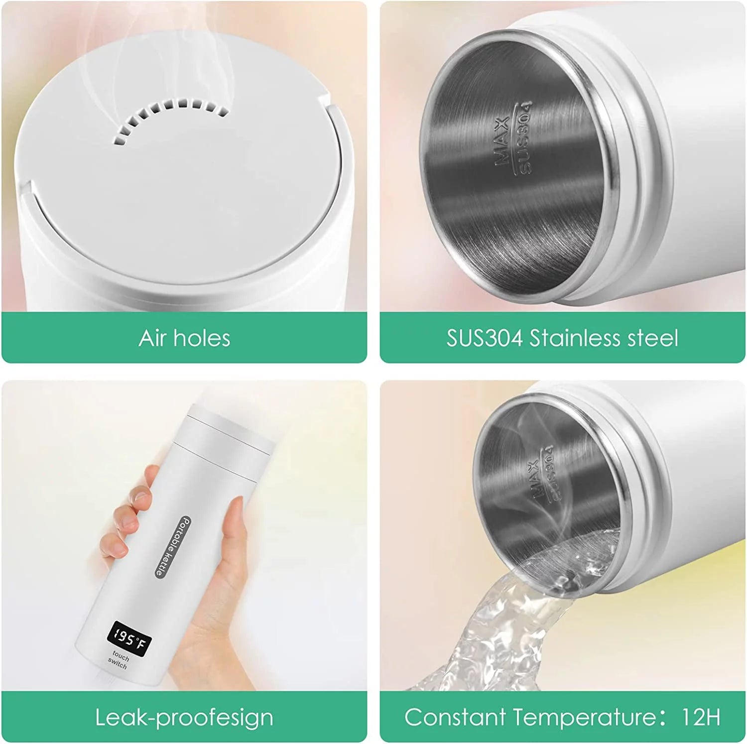 Portable Electric Kettle, 380ML Small Mini 304 Stainless Hot Water Maker F8229