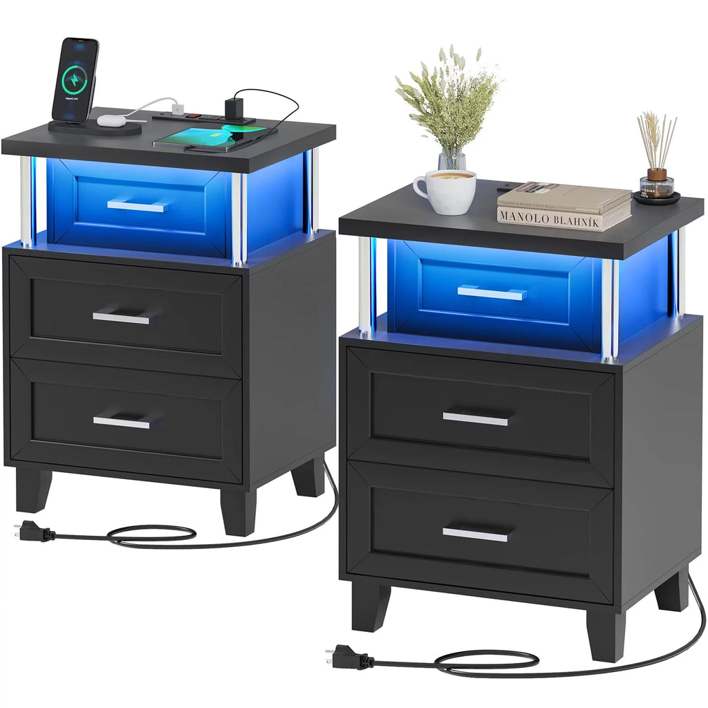 Black LED Nightstand Set of 2 with 3 Drawer U301