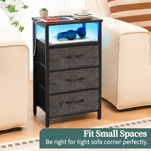Grey Nightstand with 3 Fabric Drawers and Charging Station C832