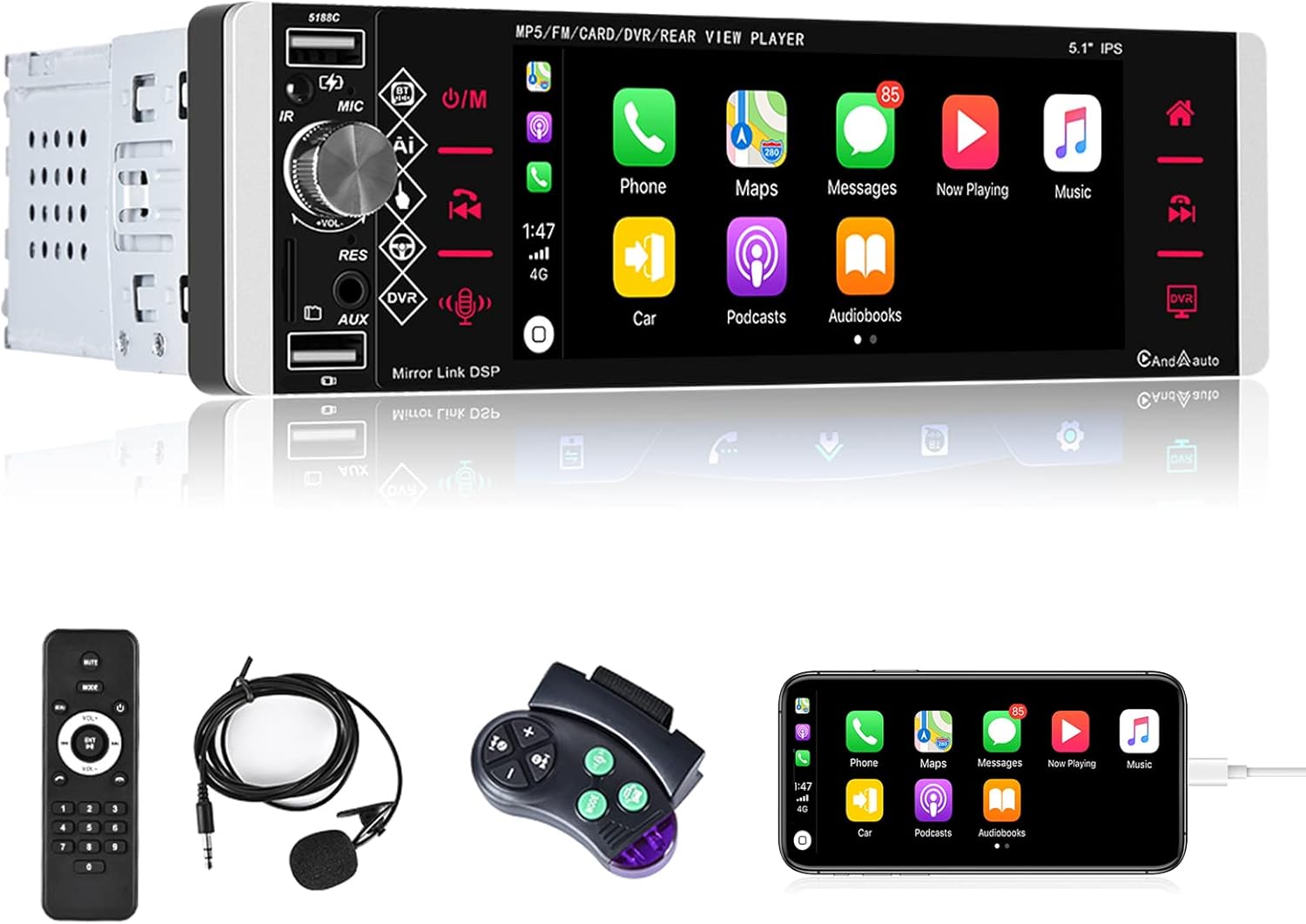 Single Din 5.1 Inch Touchscreen Car Stereo with Carplay Android Auto Bluetooth DVR FM RDS AM Tuner USB SD Aux SWC Microphone Backup Camera Q82685