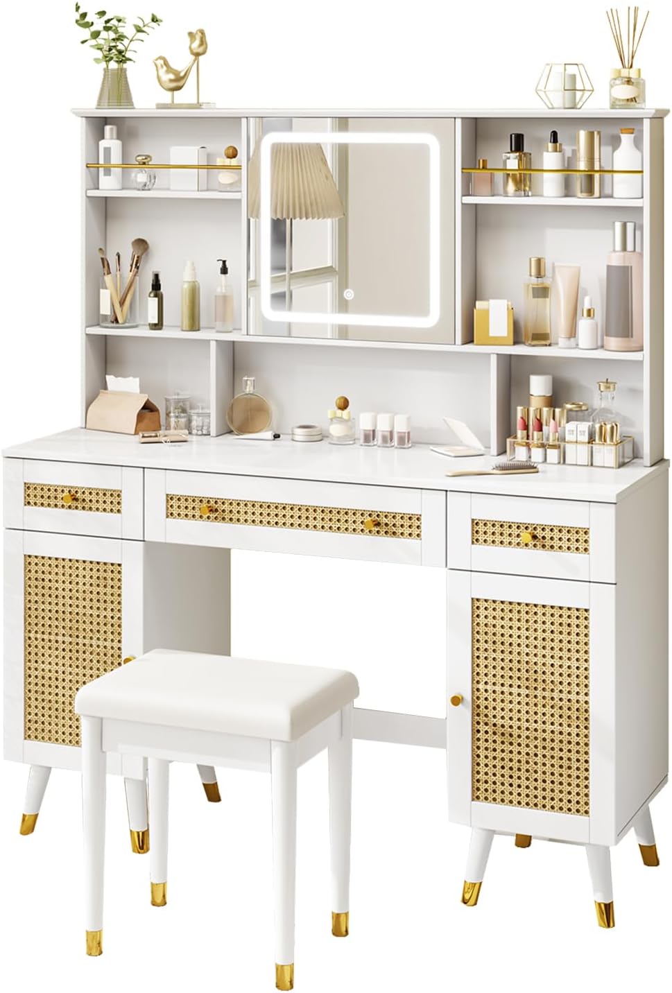 White Rattan Makeup Vanity Desk with Mirror and Lights and Stool L649650