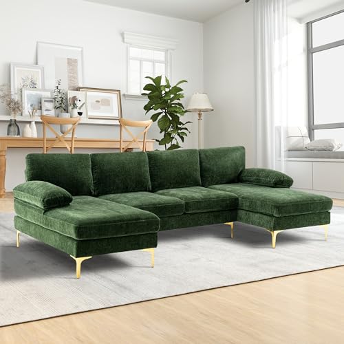 Green Chenille 4 Seater U-Shaped Sectional Couch with Double Chaises and Metal Legs H49716