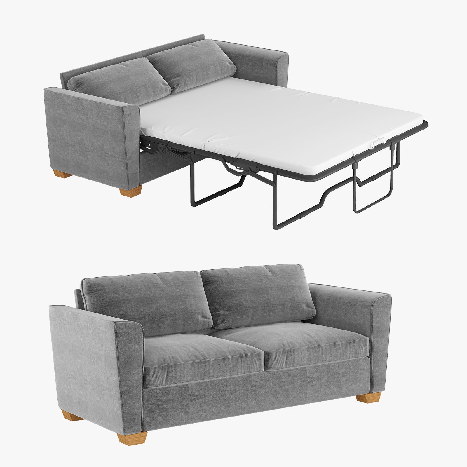 Grey Velvet Full Size Pull Out Sofa Bed with Foam Mattress R6077