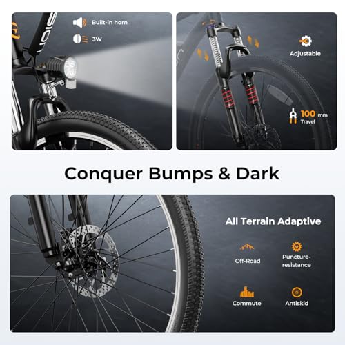 Electric Bike with 500W Motor, 40 Miles Range, 20 MPH, 360Wh Battery, 7-Speed, 26" Tires, Front Fork Suspension V301632