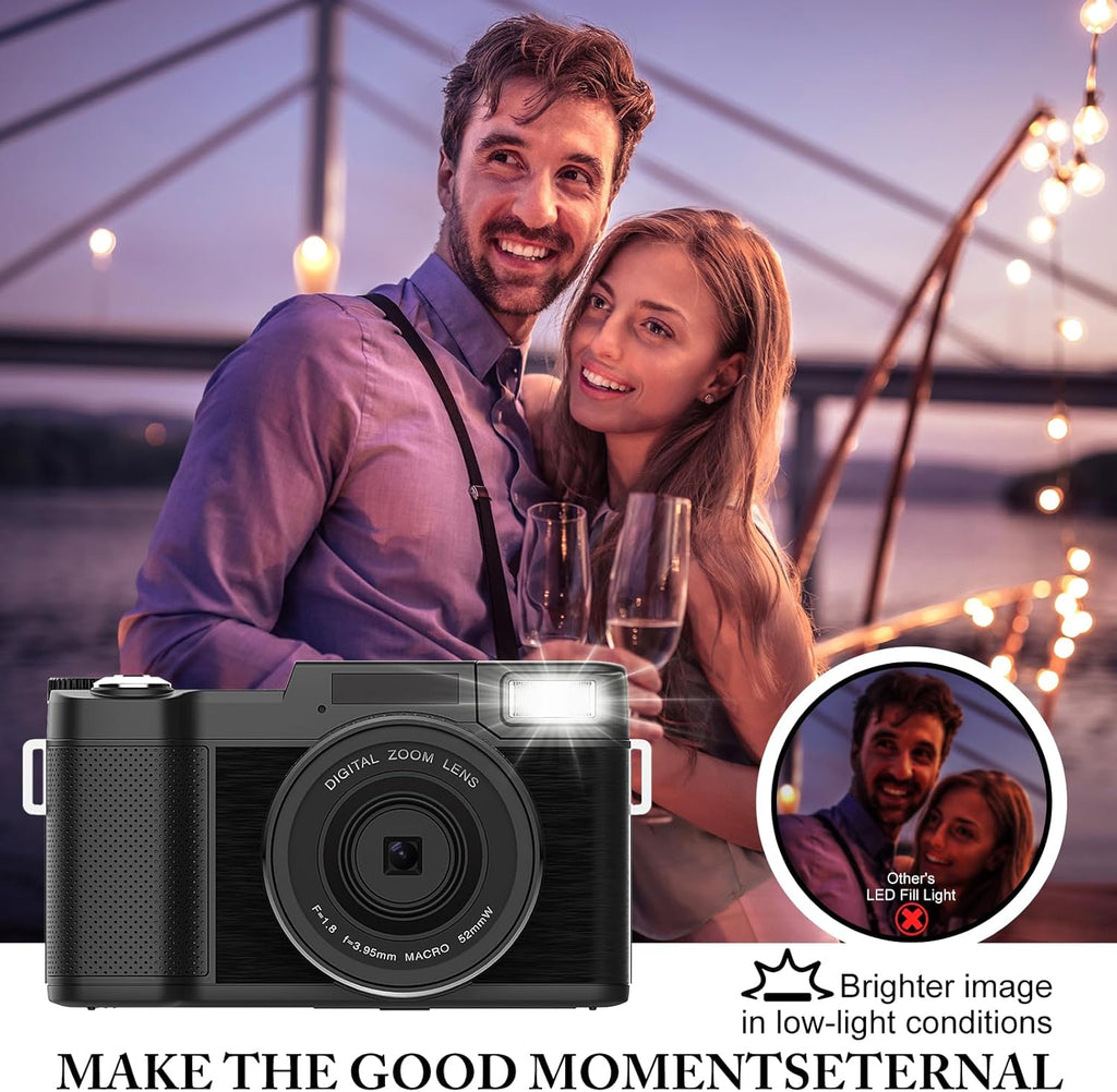 48MP 4K Digital Camera with 16X Digital Zoom Macro Camera, 3’’180°Flip Screen Compact Video Camera with Liftable Flash, SD Card&2 Batteries O308637
