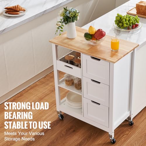 White 26 inch Wood Top Mobile Kitchen Island Cart with 3 Drawers and Shelves Y1844