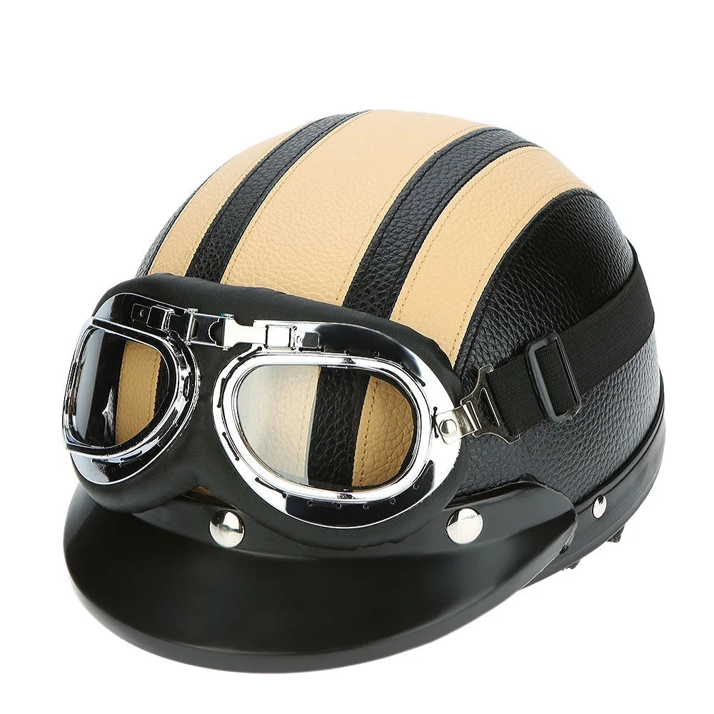 Motorcycle Scooter Open Face Half Leather Helmet with Visor UV Goggles 54-60cm I870998