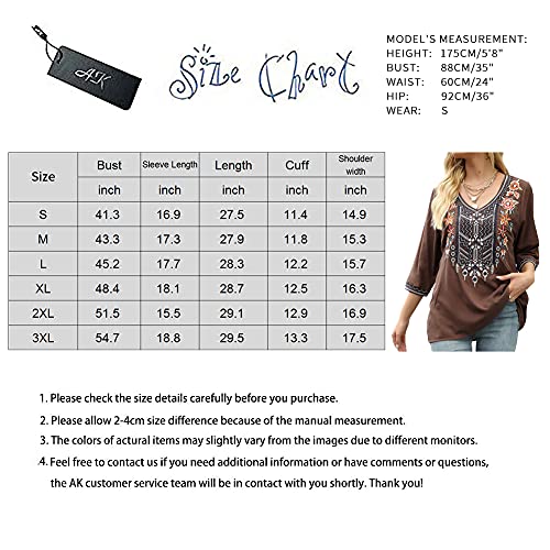 Embroidered 3/4 Sleeve V Neck Tunic Blouses U3489