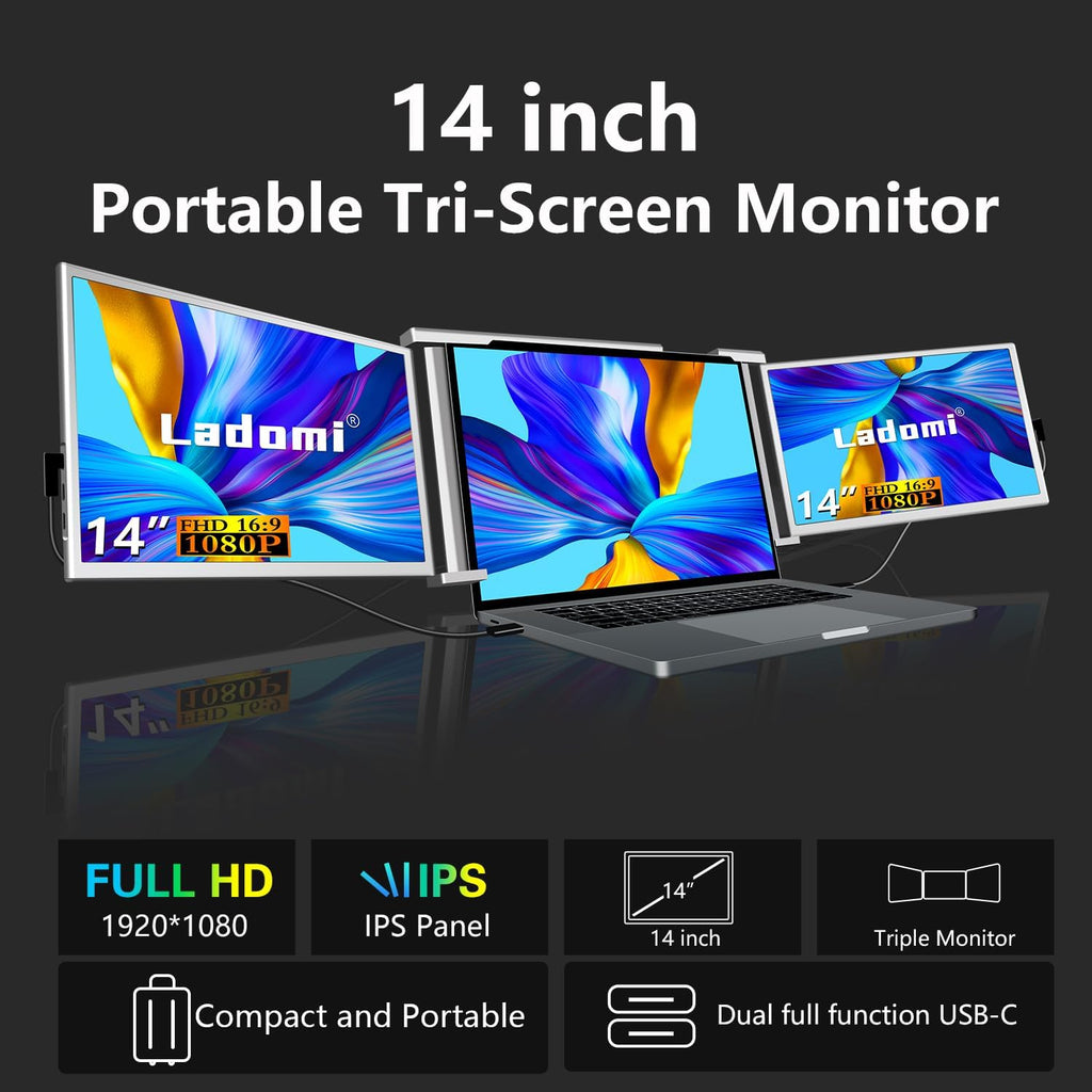 14" Triple Laptop Screen Extender FHD 1080P IPS Portable Monitor Gray K287433