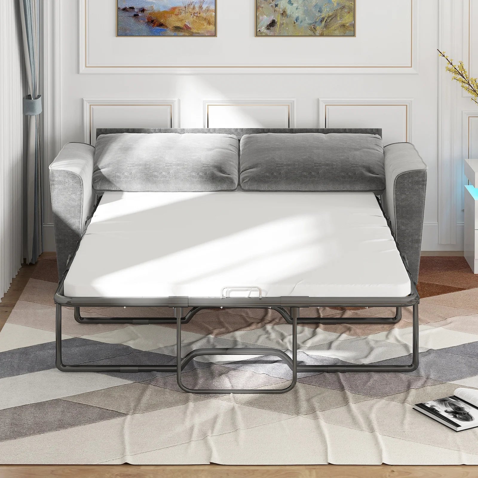 Grey Velvet Full Size Pull Out Sofa Bed with Foam Mattress R6077