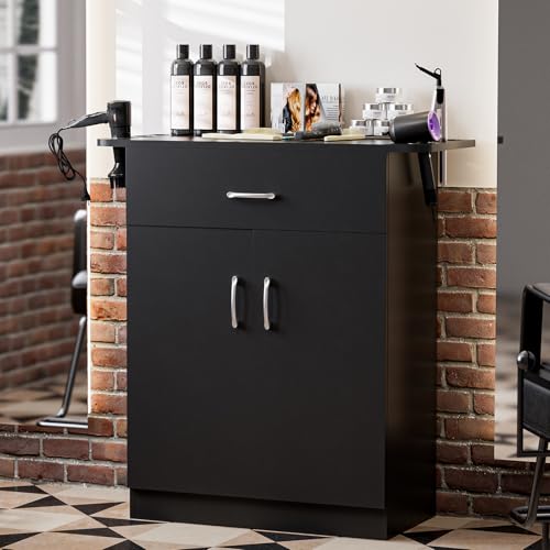 Black Wall Mount Salon Storage Station Barber Cabinet with Drawer and 2 doors, 6 Hair Dryer Holders W4289