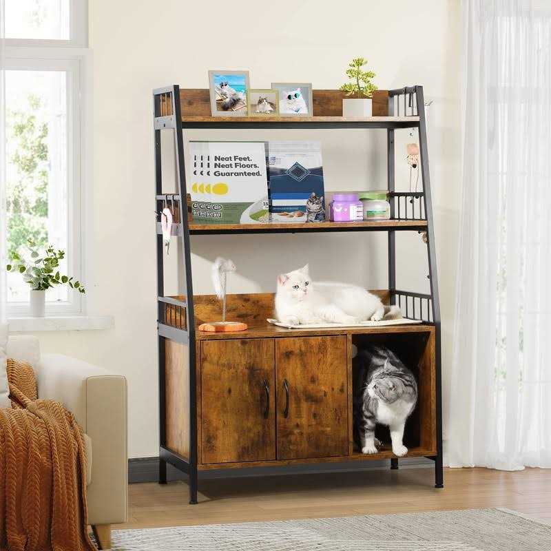 Cat Litter Box Enclosure with Storage Shelves Wooden Large Litter Box Furniture L54116