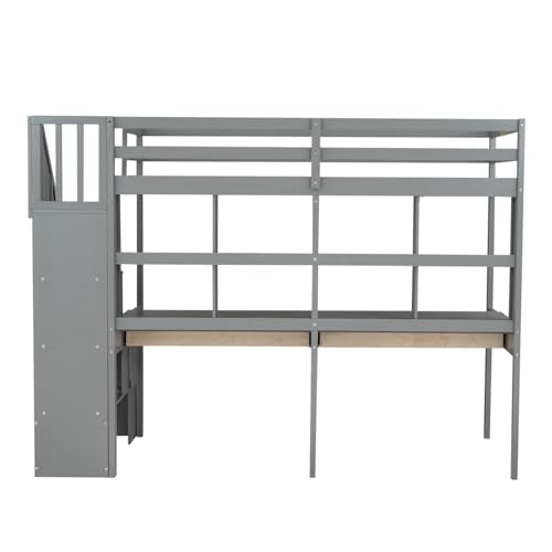 White Twin Size Wood Loft Bed with Storage Stairs and Double Desks D17316