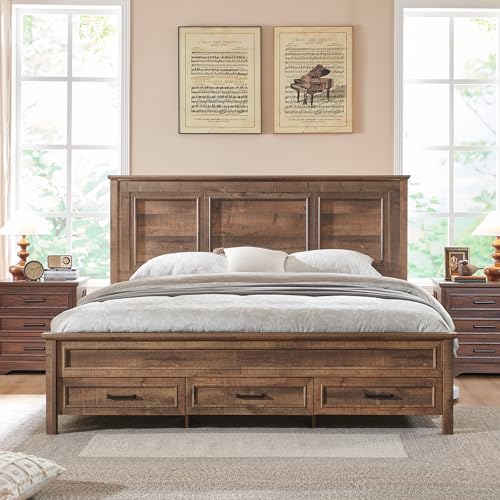 Antique Brown King Size Wood Platform Bed Frame with Headboard and Storage Drawers F960