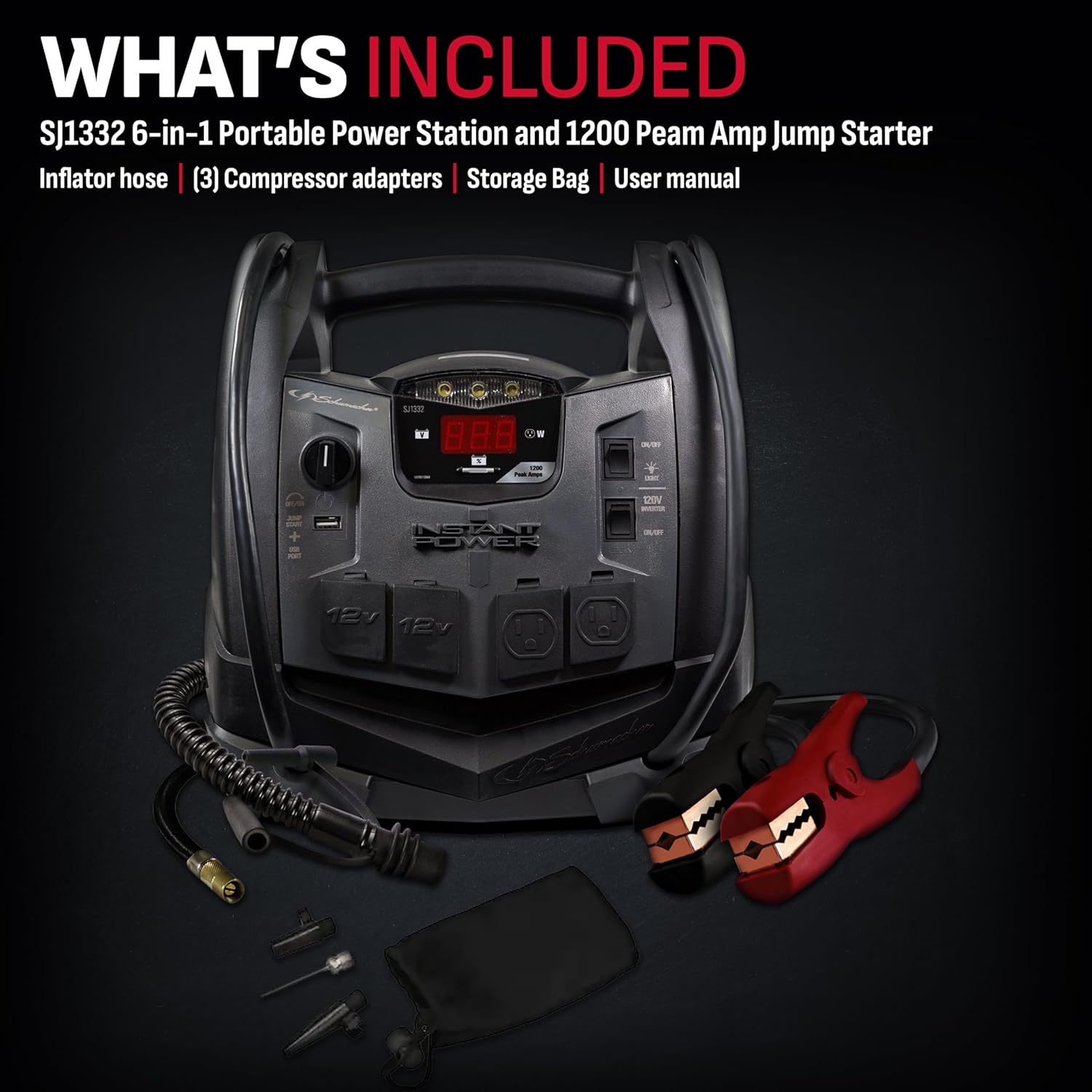 Portable Power Station and Jump Starter with 150-PSI Air Compressor, 200 Continuous/400 Peak Watt Power Inverter, Black W3196