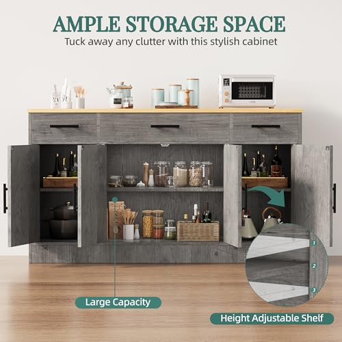 Ash Grey Wood Buffet Cabinet with 3 Drawers and 4 Doors Y504401