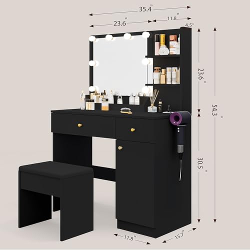 White Vanity Desk with Mirror and Lights Dimmable LED Makeup Table with Drawers Side Cabinet 3 Storage Shelves Power Outlet Dressing Table Set Include Holder Cushioned Stool V26944