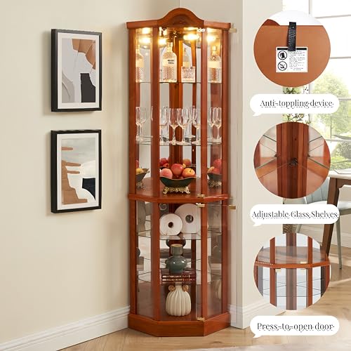 Corner China Cabinet with Glass Doors and Tempered Adjustable Glass Shelves T8907
