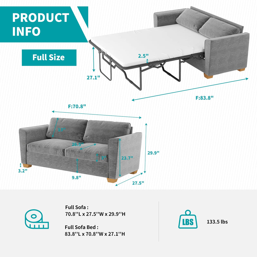 Grey Velvet Full Size Pull Out Sofa Bed with Foam Mattress R6077
