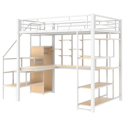 Black Full Size Metal Loft Bed with Storage Staircase and Wardrobe B788211