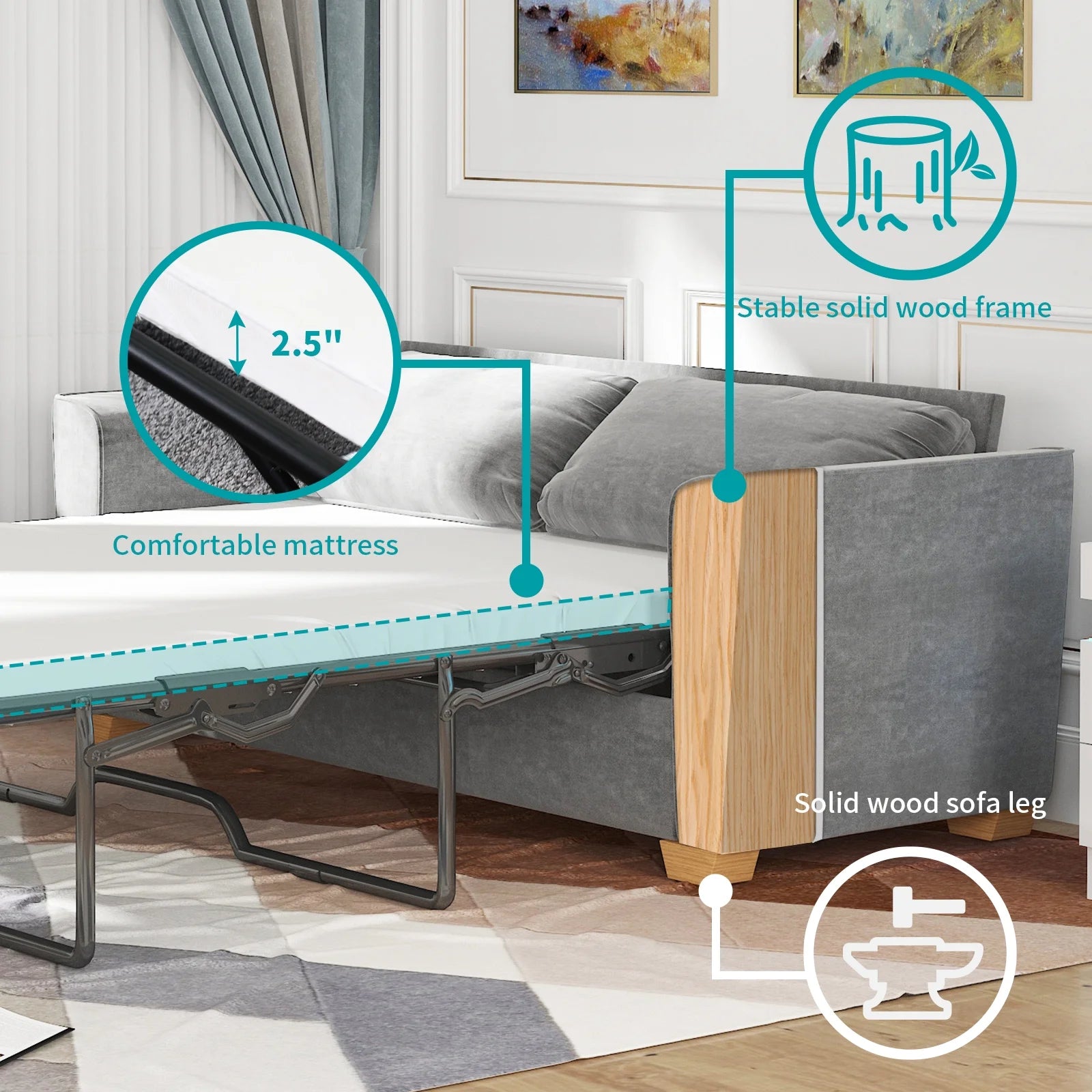 Grey Velvet Full Size Pull Out Sofa Bed with Foam Mattress R6077