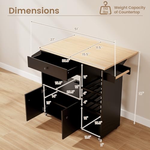 Rolling Kitchen Island Cart with Drop Leaf, Power Outlet, Spice Rack, 12 Wine Rack, Drawer, Storage Cabinet, Rustic Brown M132