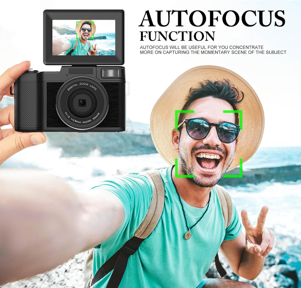 48MP 4K Digital Camera with 16X Digital Zoom Macro Camera, 3’’180°Flip Screen Compact Video Camera with Liftable Flash, SD Card&2 Batteries O308637