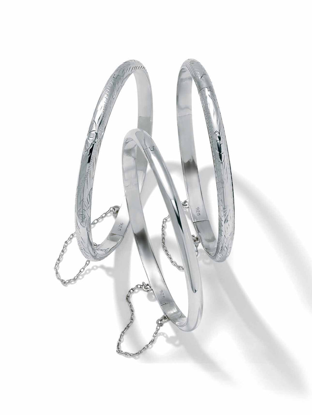 Polished Engraved Floral Three-Piece Bangle Set in Yellow Gold-Plated or Sterling Silver L362