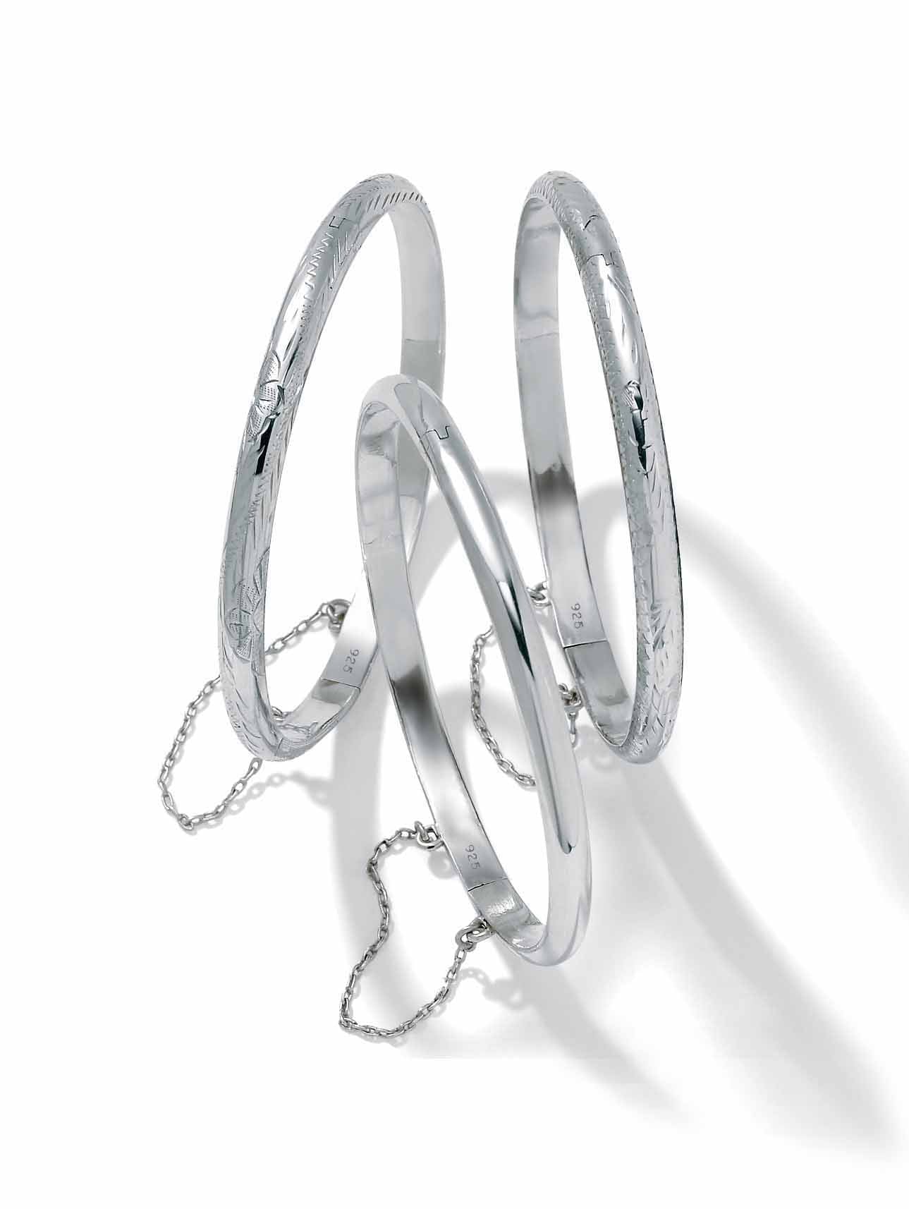Polished Engraved Floral Three-Piece Bangle Set in Yellow Gold-Plated or Sterling Silver L362